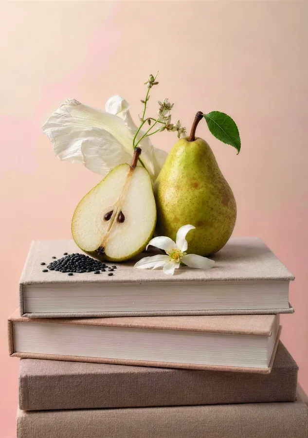 Poire et fleurs sur une pile de livres